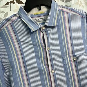 Tommy Bahama Shirt Mens Large Blue Barbados Breeze Stretch Linen Striped Easter